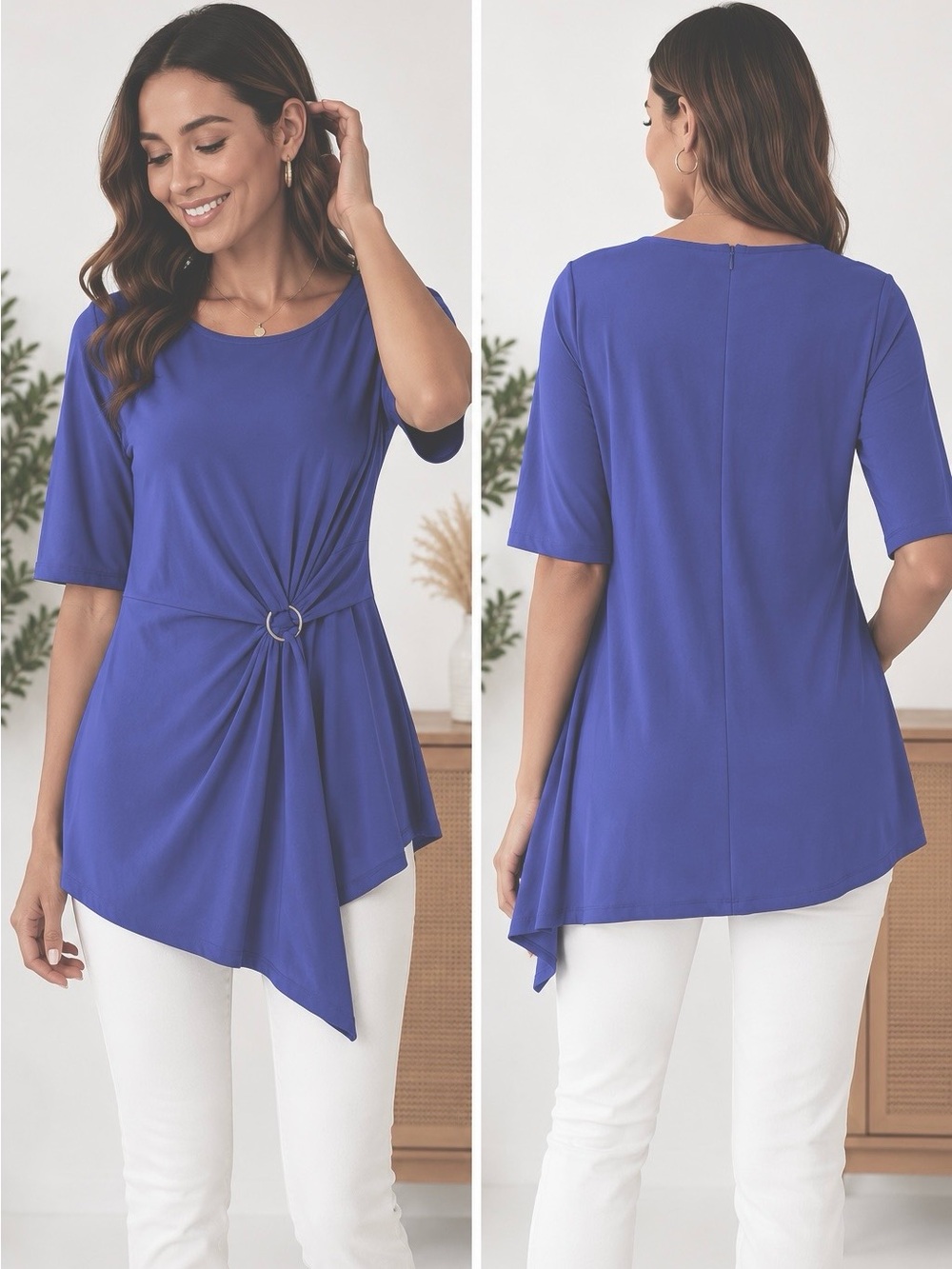 Peck & Peck Clematis Blue High-Low Blouse | Ring Detail | Elegant Drape |Med NWT